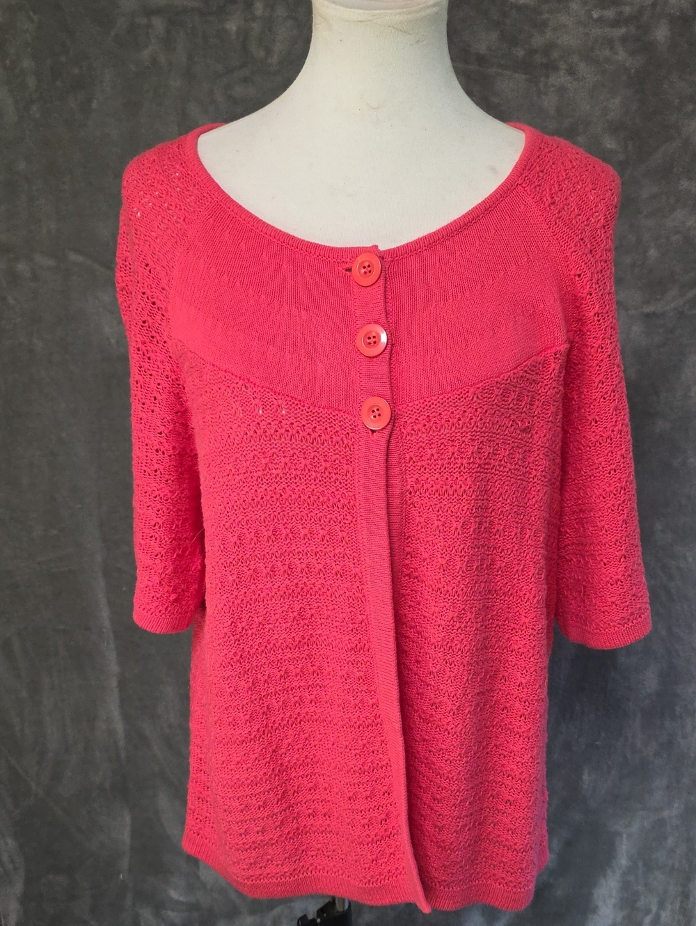 Bright Coral Open-Knit Three-Button Cardigan